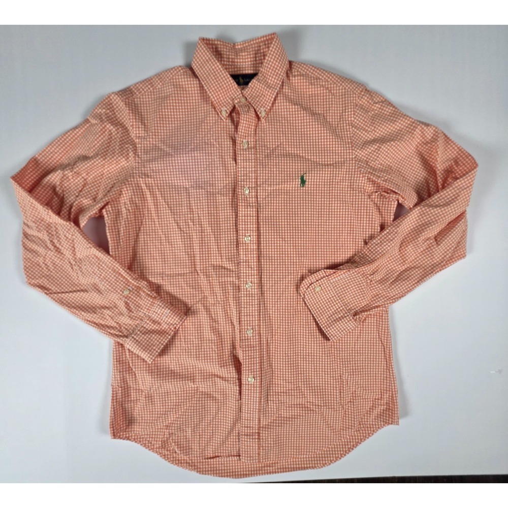 Ralph Lauren Shirt Men M‎ Orange Regular Fit Button Down Gauze Check Preppy Pony